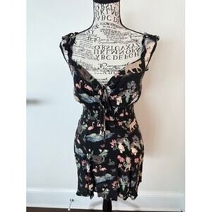 Reformation Jungle Safari Flamingo Print Mini Dress Black Ruffle Sleeve Smocked